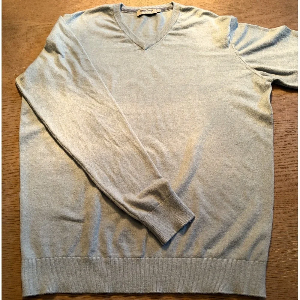 James Pringle Premium Mens V-Neck Sweater Light Blue/Grey Fine Knit Size Large